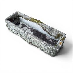 Pair of rectangular weathered cast stone planters, ornate moulded detail