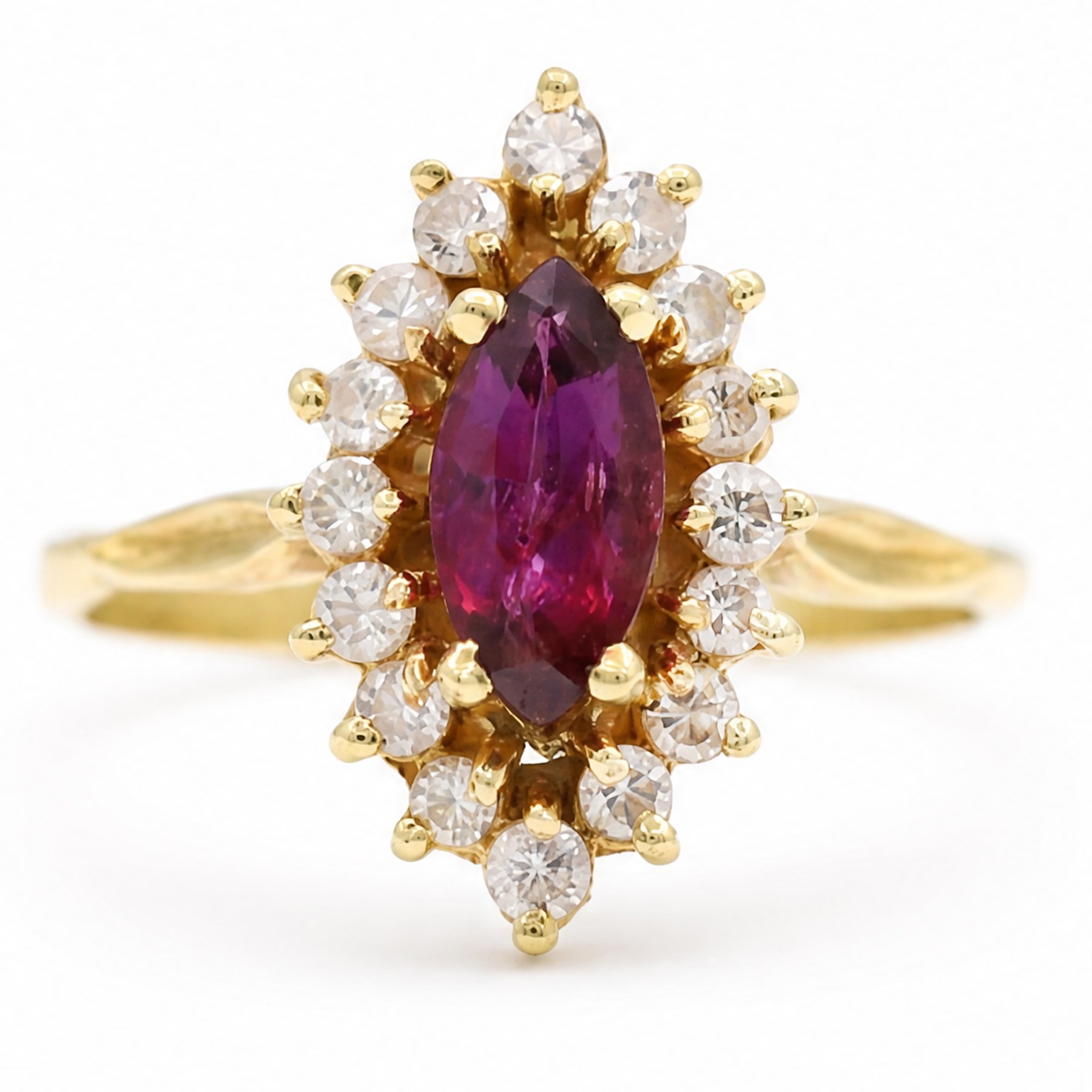 18ct gold ruby and diamond cluster ring, single marquise cut ruby of approx 0.90 carat, surrounded by sixteen round brilliant cut diamonds, stamped 750