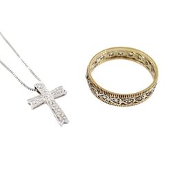 9ct gold diamond set cross pendant, on 14ct white gold chain necklace and a 9ct gold clear stone set full eternity ring