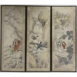 Japanese School (20th century): Scholarly Scenes, set three watercolours signed, each 162cm x 50cm (3)