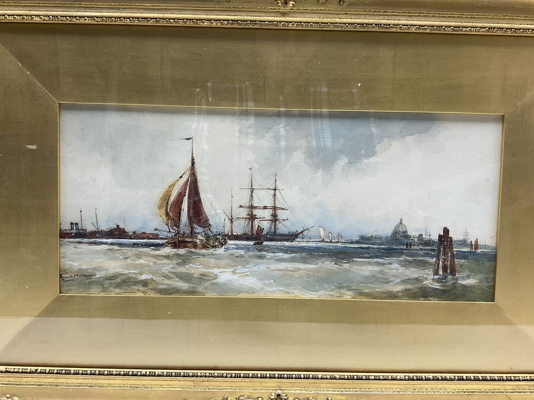Frank Henry Mason (Staithes Group 1875-1965): 'Scarborough' and 'Rotterdam', pair watercolours signed, titled on original Hare & Whitley labels verso 14cm x 32cm (2)