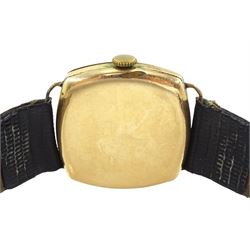 Rolex gentleman's 14ct gold-plated, cushion shaped manual wind wristwatch, circa 1930, case No. 51059, white dial with subsidiary seconds dial and luminous hands, on black leather strap