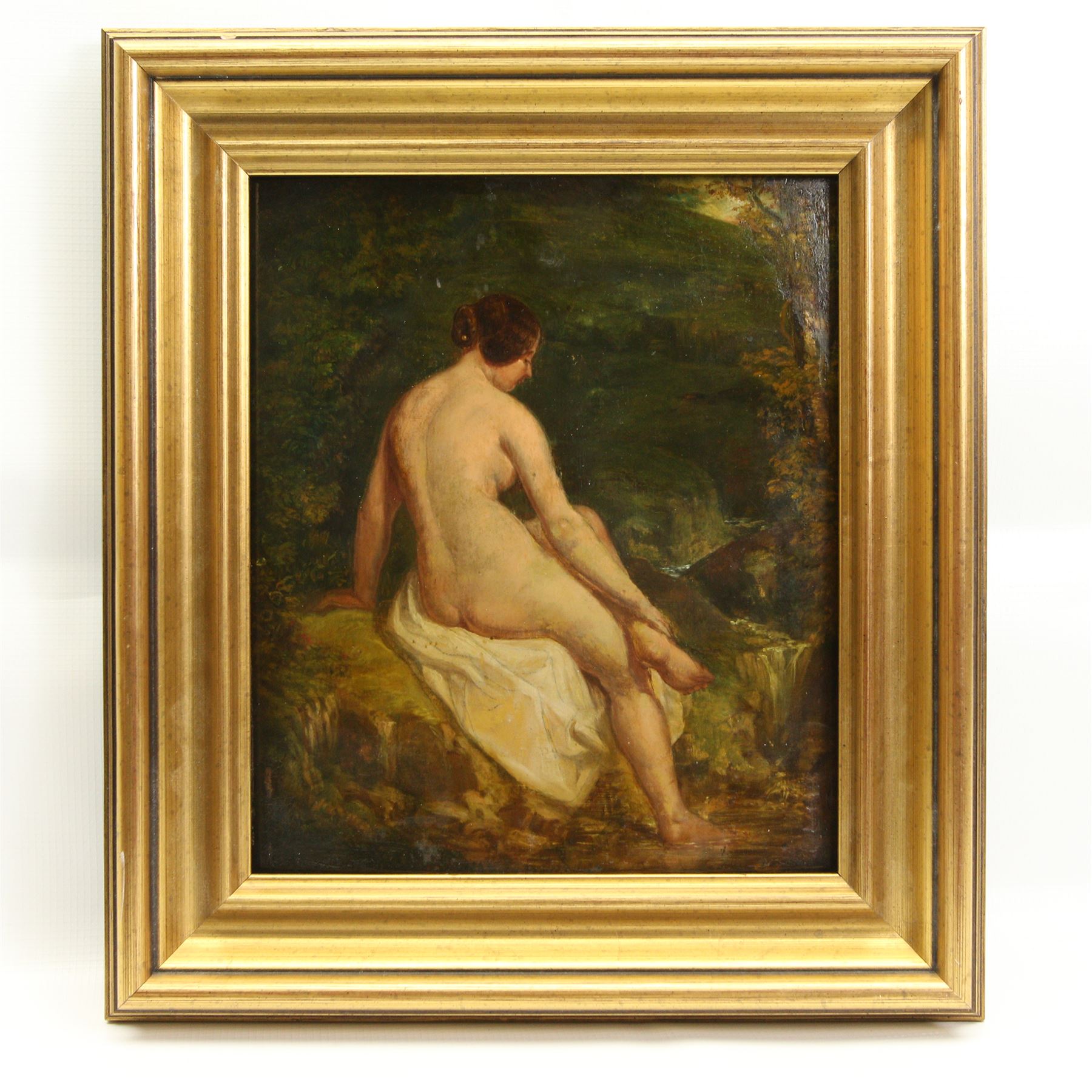 William Etty RA (York 1787-1849): The Bathing Nymph, oil on panel inscribed verso 29cm x 25cm
Provenance: from the collection of Father John O'Connor, a Bradford Roman Catholic priest and the basis for GK Chesterton's detective Father Brown. He was associated with various painters, authors and artists during his time including the likes of Eric Gill and Etty.