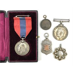 George V Imperial Service Medal awarded to Arthur Poulter, cased; and two Victorian silver sporting fobs inscribed A. Poulter and dated 1896 and 1898; together with WW1 British War Medal awarded to R4-068401 Pte. R. Burnett A.S.C.; and an uninscribed bronze singing medallion (5)