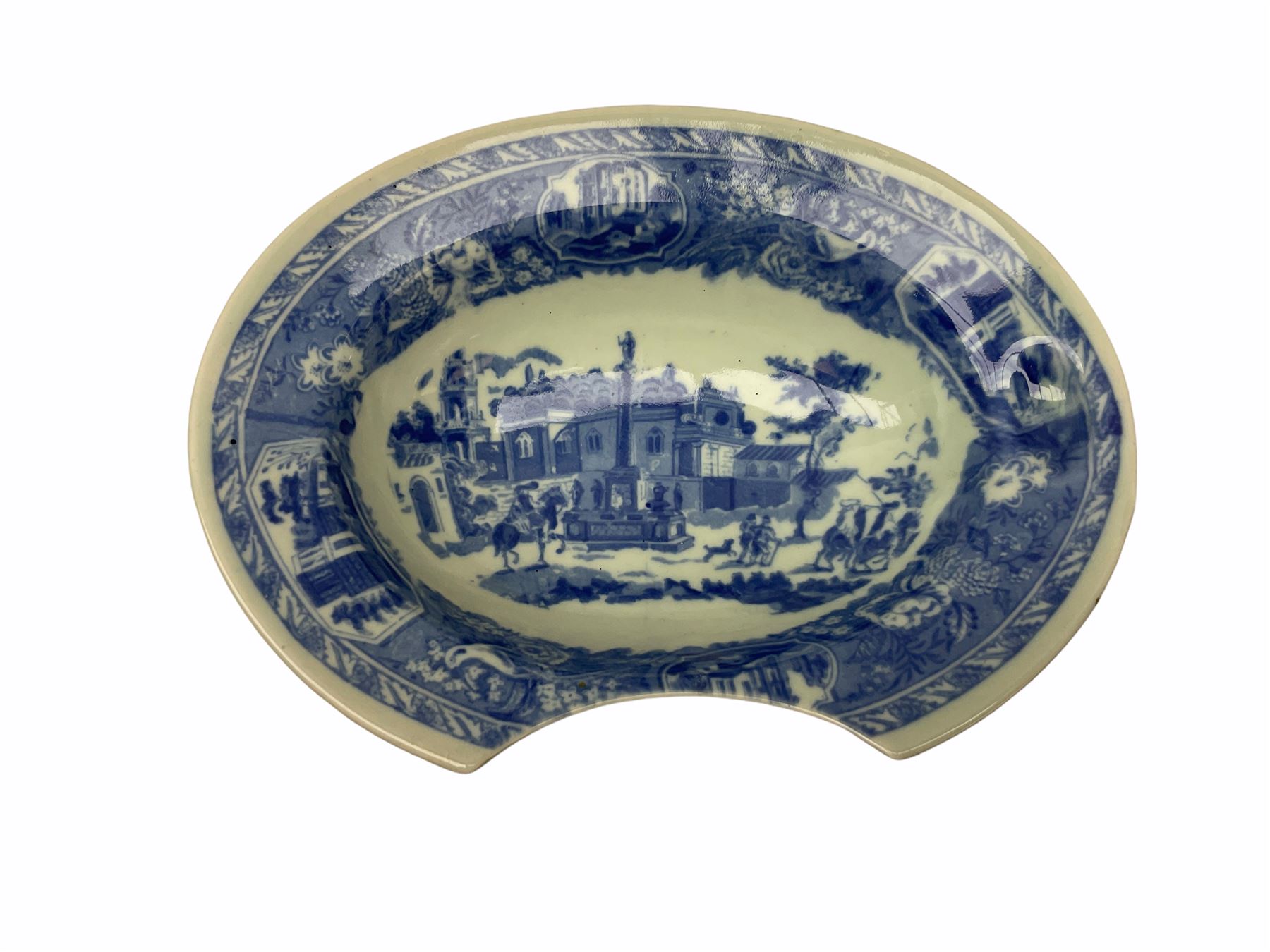 19th century Staffordshire pottery jug, entitled Willie Brewd a Peck o maut, depicting figures in relief, H24cm, a blue and white Victoria Ware Ironstone shaving bowl, L27.5cm, and a 19th century French Sarranguimes tankard with black transfer printed band depicting figures and horses, H17cm
