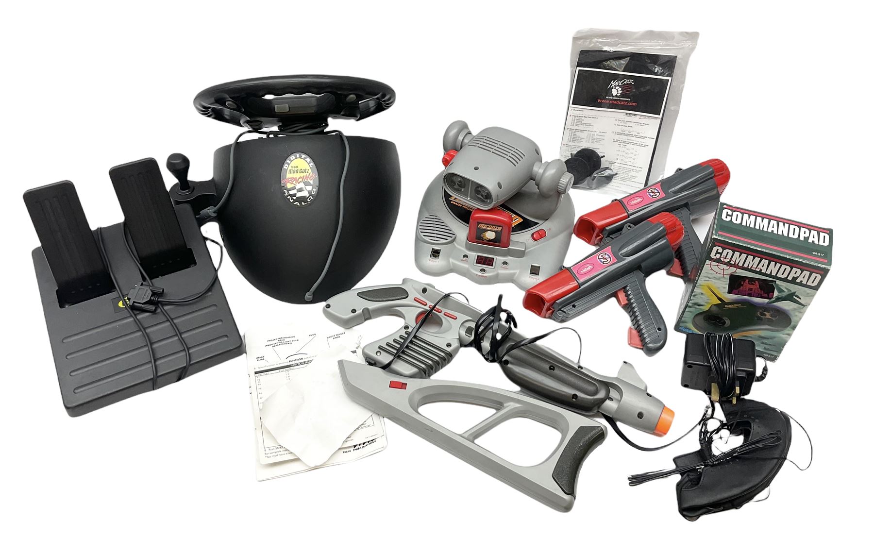 Mad Catz Dual Force Racing Wheel and Foot control for Playstation; Arcadia Image Projecting Game System; pair of Captain Scarlet and the Misterons phaser guns etc