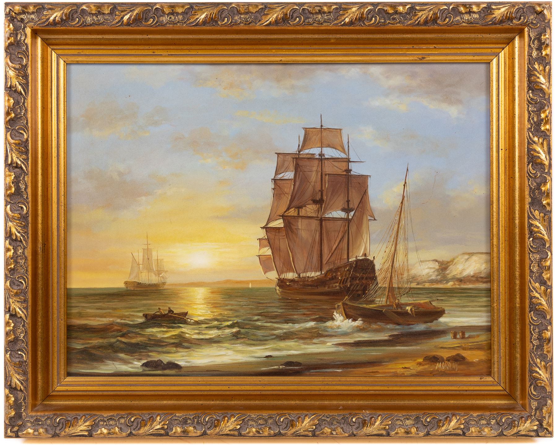 Continental School (20th Century): Shipping Scenes, two oils on panel and one on canvas variously signed in gilt frames, largest 29cm x 38cm (3)