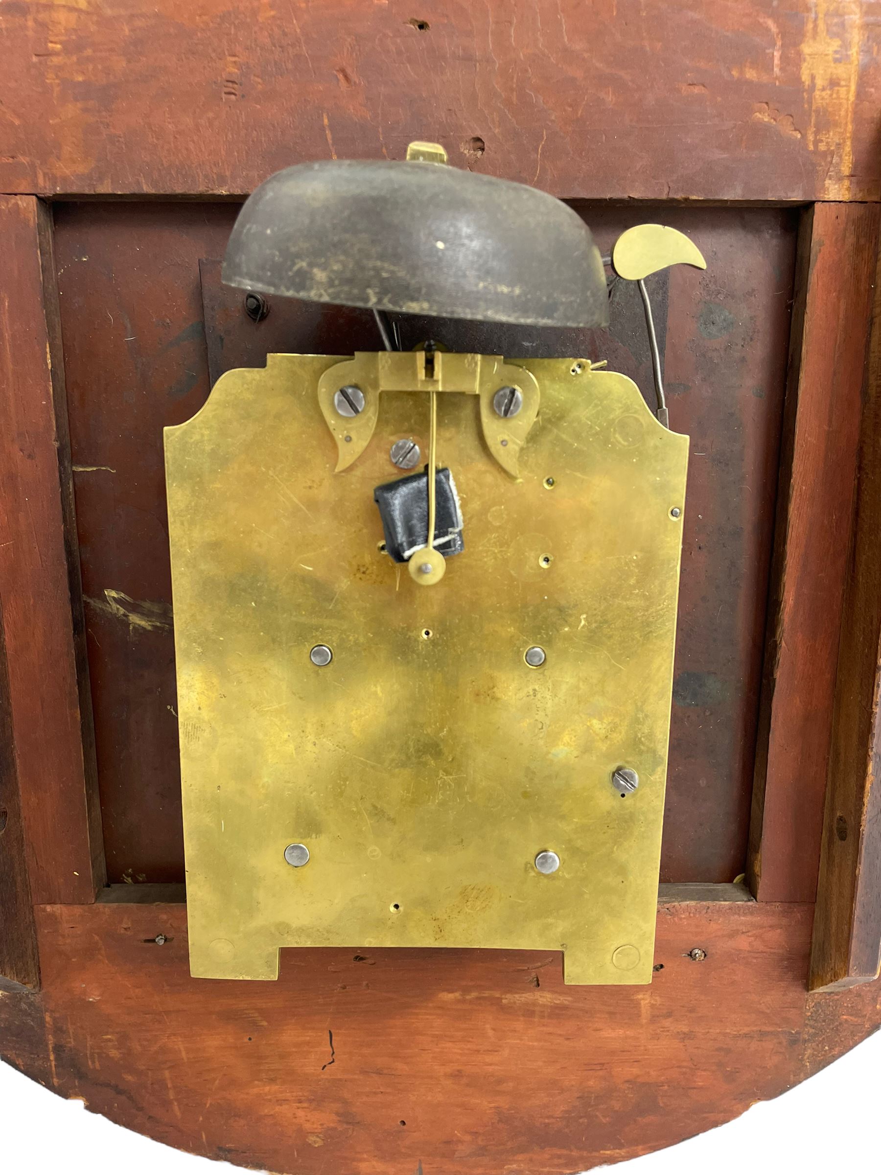 Joseph Critchley of Liverpool -  early 19th century twin fusee 8-day rosewood and mother of pearl inlaid drop-dial wall clock c1820, inlaid circular wooden dial surround with carved ears representing grapes and vine leaves, glazed box with a scroll carved surround, curved base and pendulum adjustment door, 14” painted dial with Roman numerals, minute track, and pierced steel hands within a cast brass bezel and flat glass, dial pinned to a four pillar chain driven fusee movement striking the hours on a bell. With pendulum and key.