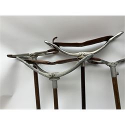 Adjustable Gamebird shooting stick, together with Mills Munitions shooting stick, Featherwate shooting stick, five others and two wooden walking sticks.  