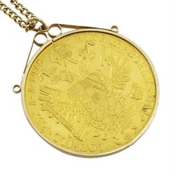 Austrian 1915 restrike four ducat gold coin, in 9ct gold loose mount, on 9ct gold chain, gross weight approximately 25.3 grams