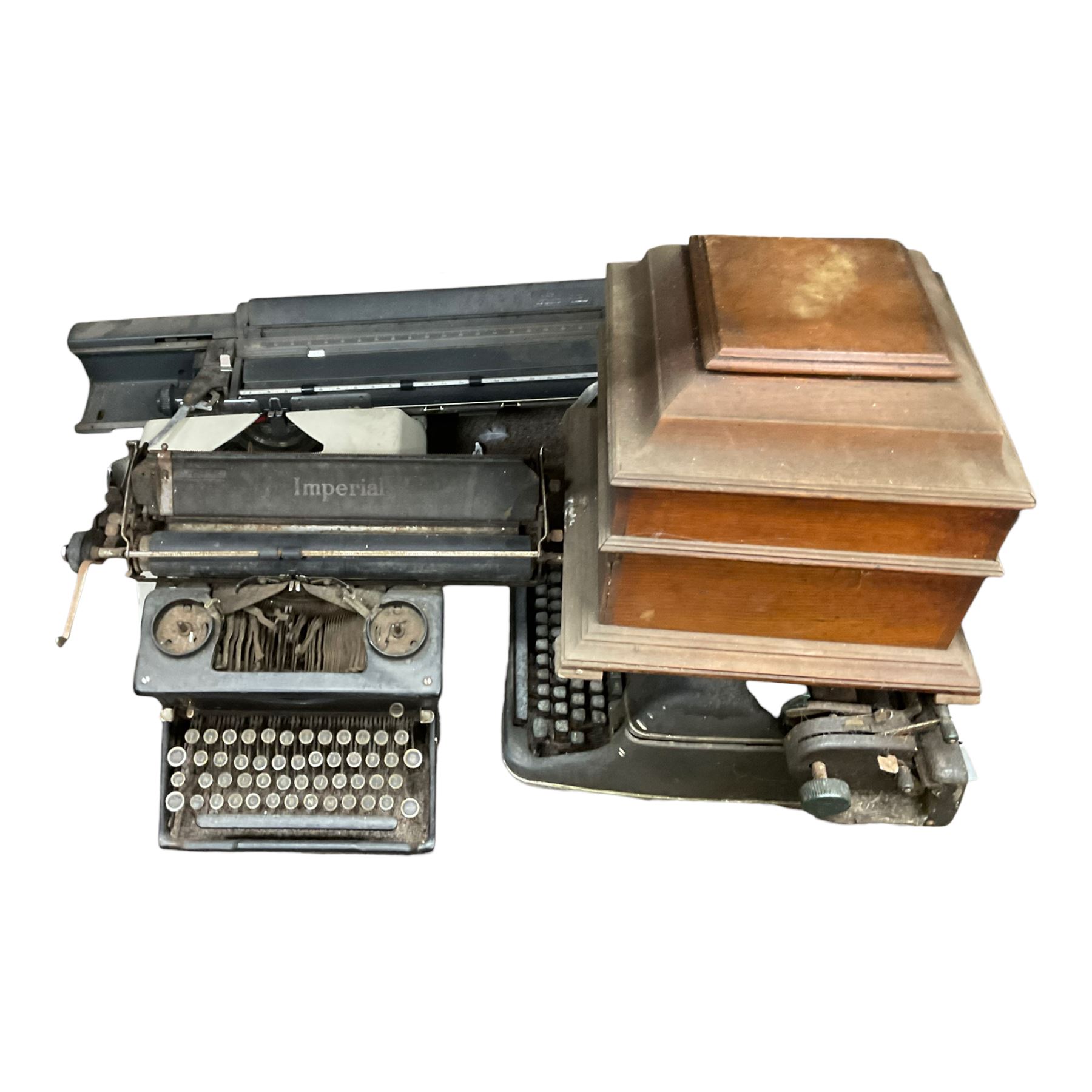 Collection of antique typewriters, including Royal and Imperial and gramophones 