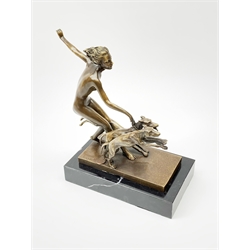 An Art Deco style bronze, after Josef Lorenzl, modelled as a nude female figure with three dogs, signed and with foundry mark, H22.5cm, raised upon a rectangular marble base.