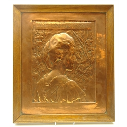  Gilbert William Bayes, early 20th century copper relief panel previously electrotyped depicting Janet Landells McEwan, titled and signed Gilbert Bayes, 1906, in oak frame, H44cm x W37cm - see Catalogue of the international exhibition of contemporary medals  