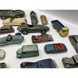 Various Makers - fourteen unboxed and playworn die-cast models including Wee-Kin Sunbeam Talbot, Corgi James Bond Aston Martin and ERF lorry, Dinky Thunderbolt Racing Car, Cadillac Eldorado, Cunningham C5-R, Lagonda etc; Minic tin-plate police car and jeep; other tin-plate models; Merit Plastic racing cars and quantity of spare parts etc