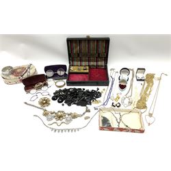 Costume jewellery including brooches, earings, jewellery box, three pairs of glasses etc. 
