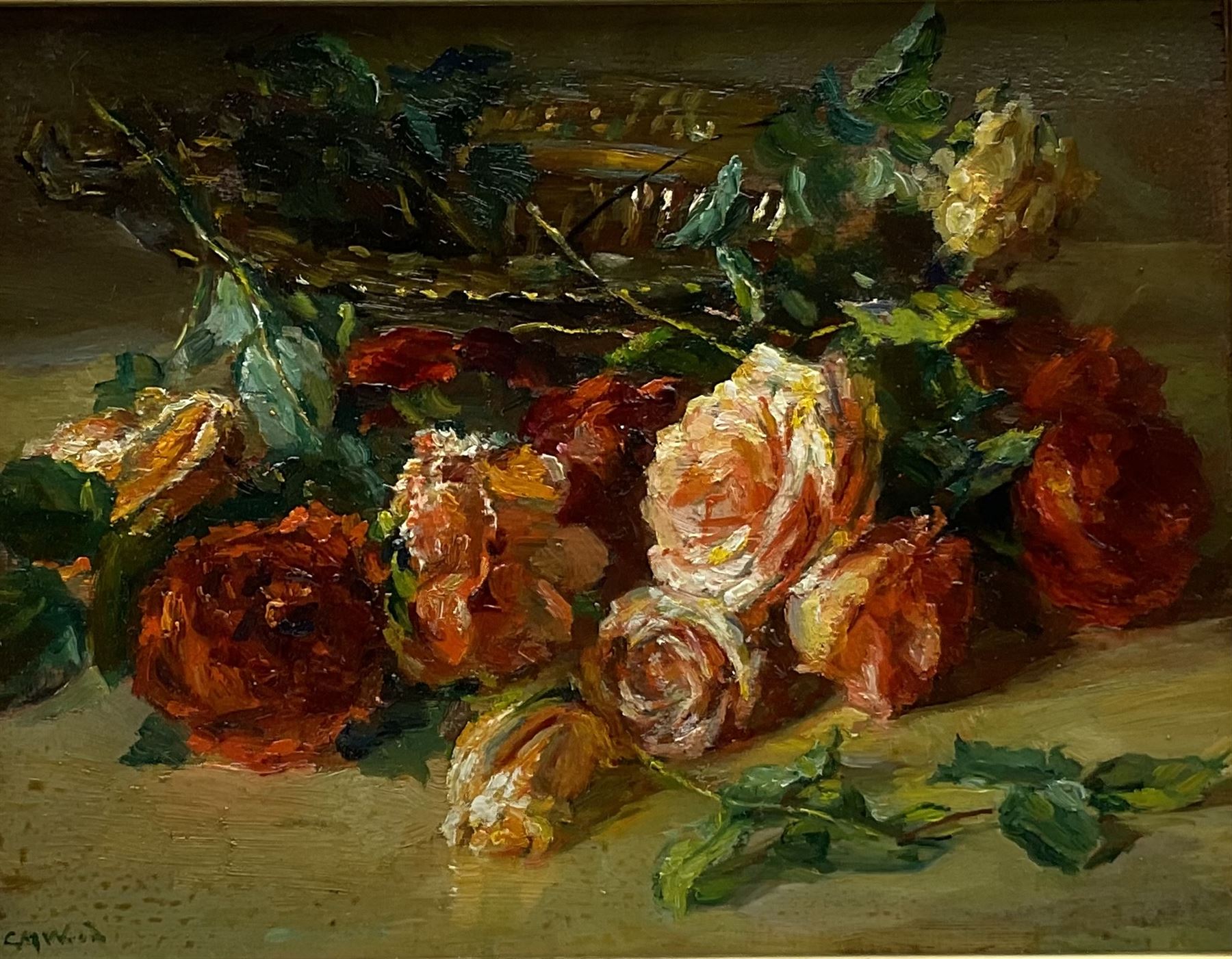 Catherine M Wood (British 1857-1939): Still Life of Roses, oil on panel signed 16cm x 22cm