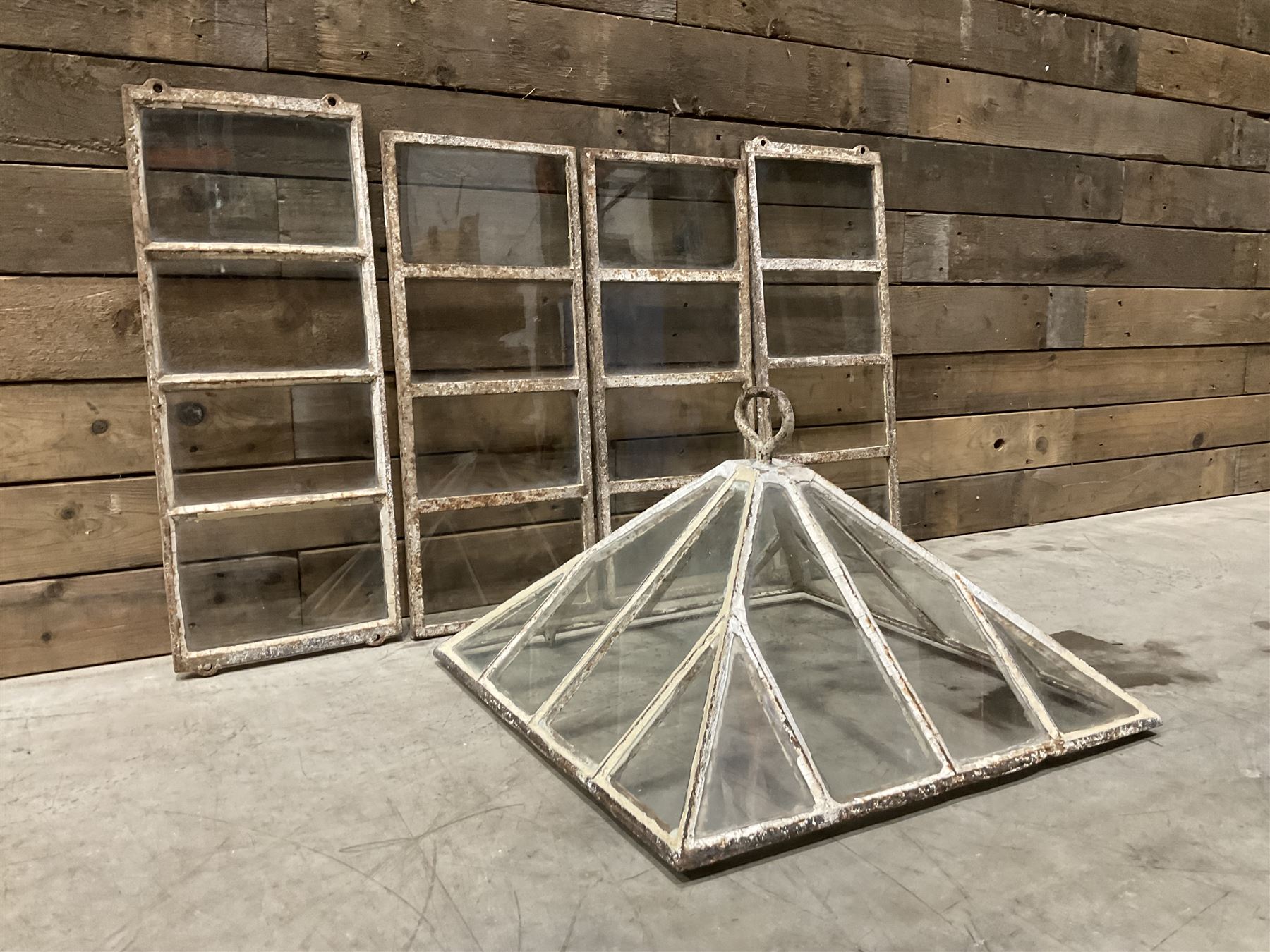 Victorian painted iron framed square garden cloche lantern, with associated sides (larger than the top piece), no fittings