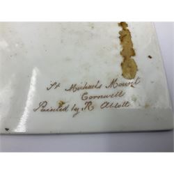 Richard Abbott: St Michael’s Mount, painted oil on porcelain plaque, with 'St Michaels Mount painted by R. Abbott', inscribed on reverse, H15cm, W19cm