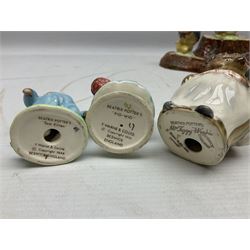 Seven Beswick Beatrix Potter figures, comprising Sally Henny Penny, Johnny Town-Mouse, Mrs Tiggy-Winkle, Mrs Tittlemouse, Tom Kitten, Pig-Wig and Squirrel Nutkin, together with a Beswick tree trunk display stand, stand L30cm