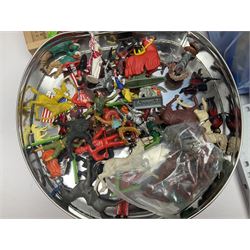 Quantity of loose Playmobil figures, playset parts and accessories, with small amount of Britains Ltd figures etc, in two boxes 