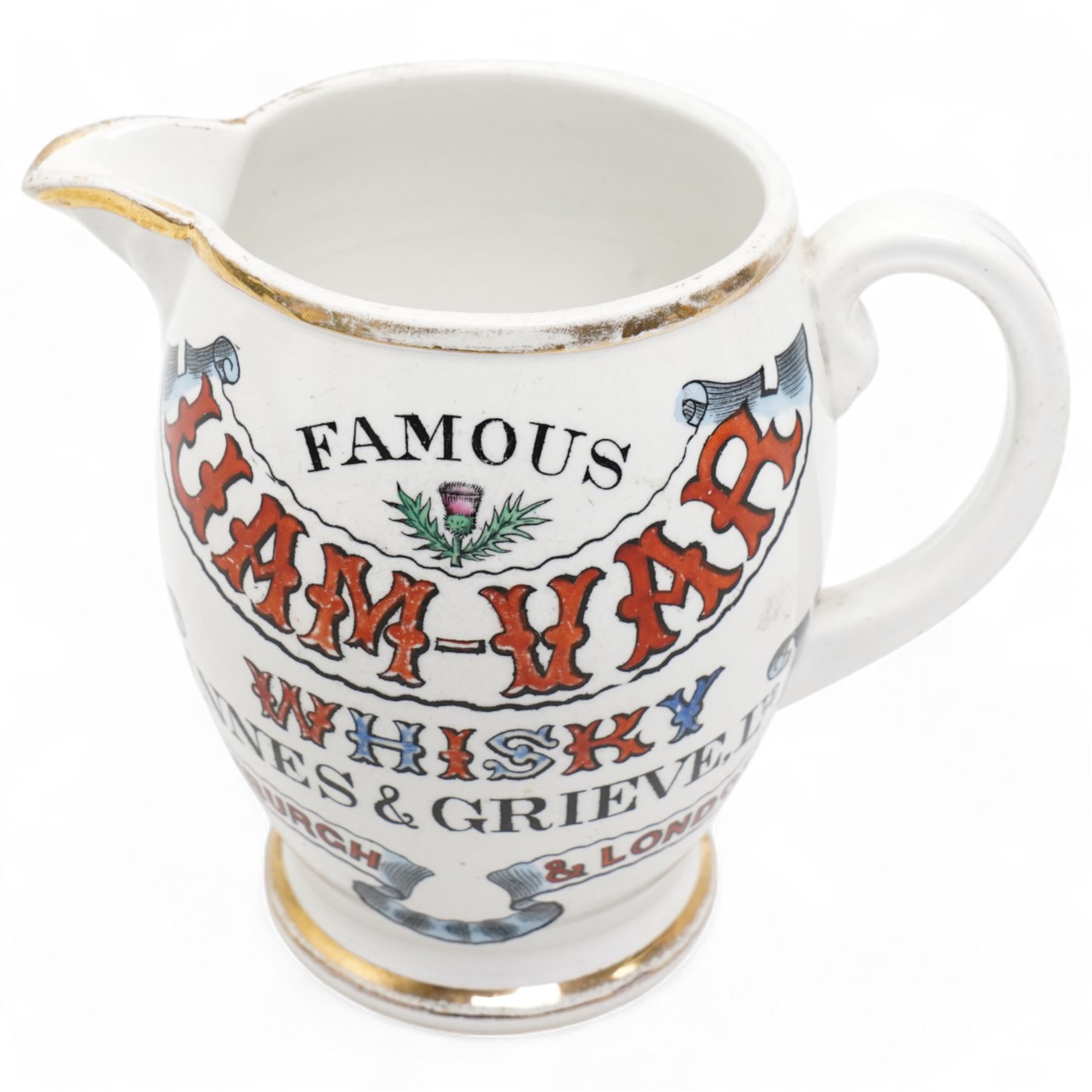 19th century Copeland UAM-VAR Whisky Innes & Grieve whisky jug, of barrel shape, decorated with thistles and inscribed 'Famous Uam-Var Whisky Innes & Grieve LTD Edinburgh & London ' H14cm