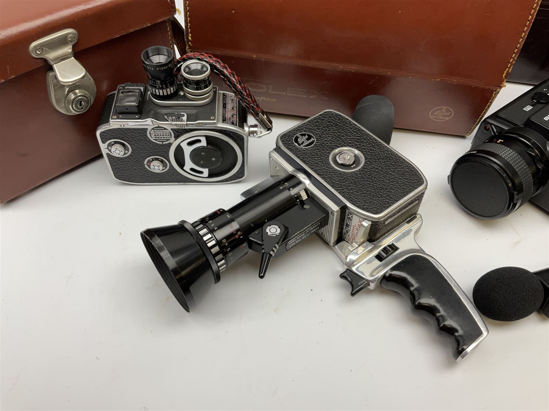 Bolex Paillard B8 cine-camera, Bolex Paillard P1 Zoom Reflex cine-camera and a Bolex 563 XL sound macro-zoom camcorder, all housed in carry cases, all untested