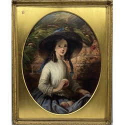 Thomas Musgrove Joy (British 1812-1866): Young Girl with Peaches, oval oil on canvas signed 88cm x 68cm