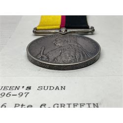 Victoria Queens Sudan Medal 1896-97 awarded to 4616 Pte. C. Griffin 1/R Warwickshire Regiment; with replacement ribbon but original present.