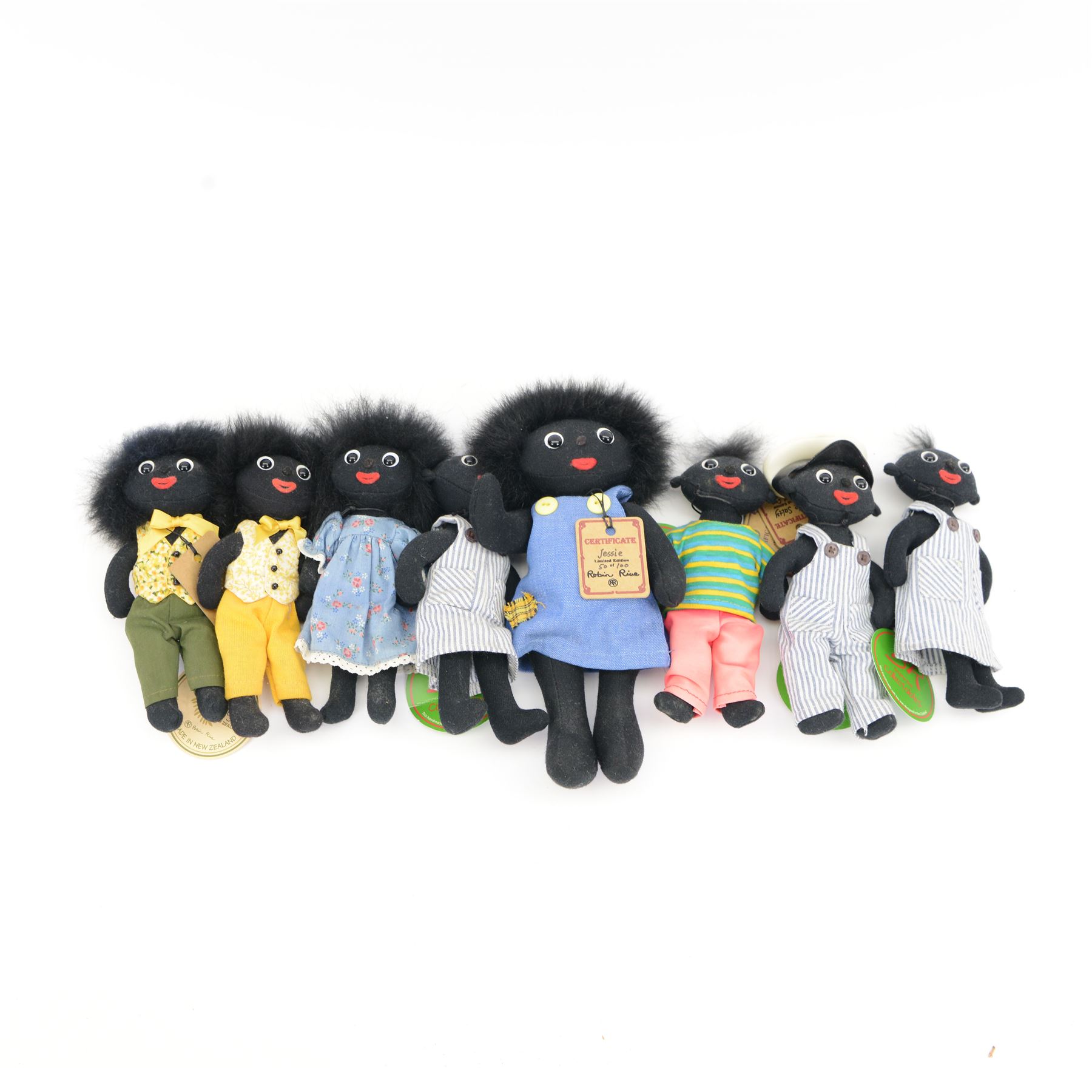 Eight Robin Rive limited edition miniature golly dolls, to include 'Tosy' no. 65/100, 'Little Salty' no. 226/500, 'Golly Sunshine' no. 45/200, 'Jonny Jonquil' no. 47/400, two 'Sabrina' no. 163/500 and 225/500, 'Misty' no. 424/500 and 'Jessie' no. 50/100, all with certificate tags, tallest H25cm