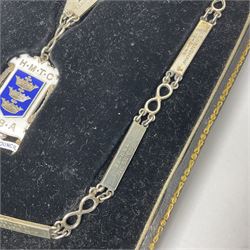 1930s silver chain of office, relating to the Hull Municipal Techical College, the enamel pendant inscribed HMTC OBA Chairman Executive Council, on a chain with seventeen bars, each engraved with the name and dates of previous holders of office, hallmarked W H Haseler Ltd, Birmingham 1933, contained within fitted case 