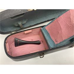 Late 19th century German trade violin c1890 with 36cm two-piece birds-eye maple back, neck and ribs and spruce top; bears label 'Manufactured in Berlin Special Copy of Nicolaus Amati' L59.5cm; in carrying case