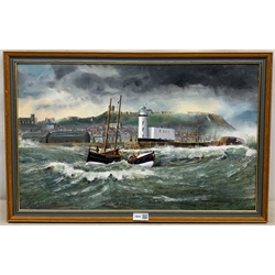 Robert Sheader (British 20th century): Scarborough Lifeboat and Fishing Boat SH87 off the Lighthouse, oil on board signed 37cm x 60cm 