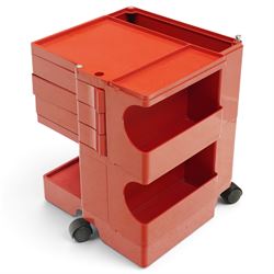 Joe Colombo (Italian 1930-1971) for Bieffeplast - 'Boby' red trolley circa 1970s, rectangular tray top above three pivoting drawers, open storage compartments raised on castors