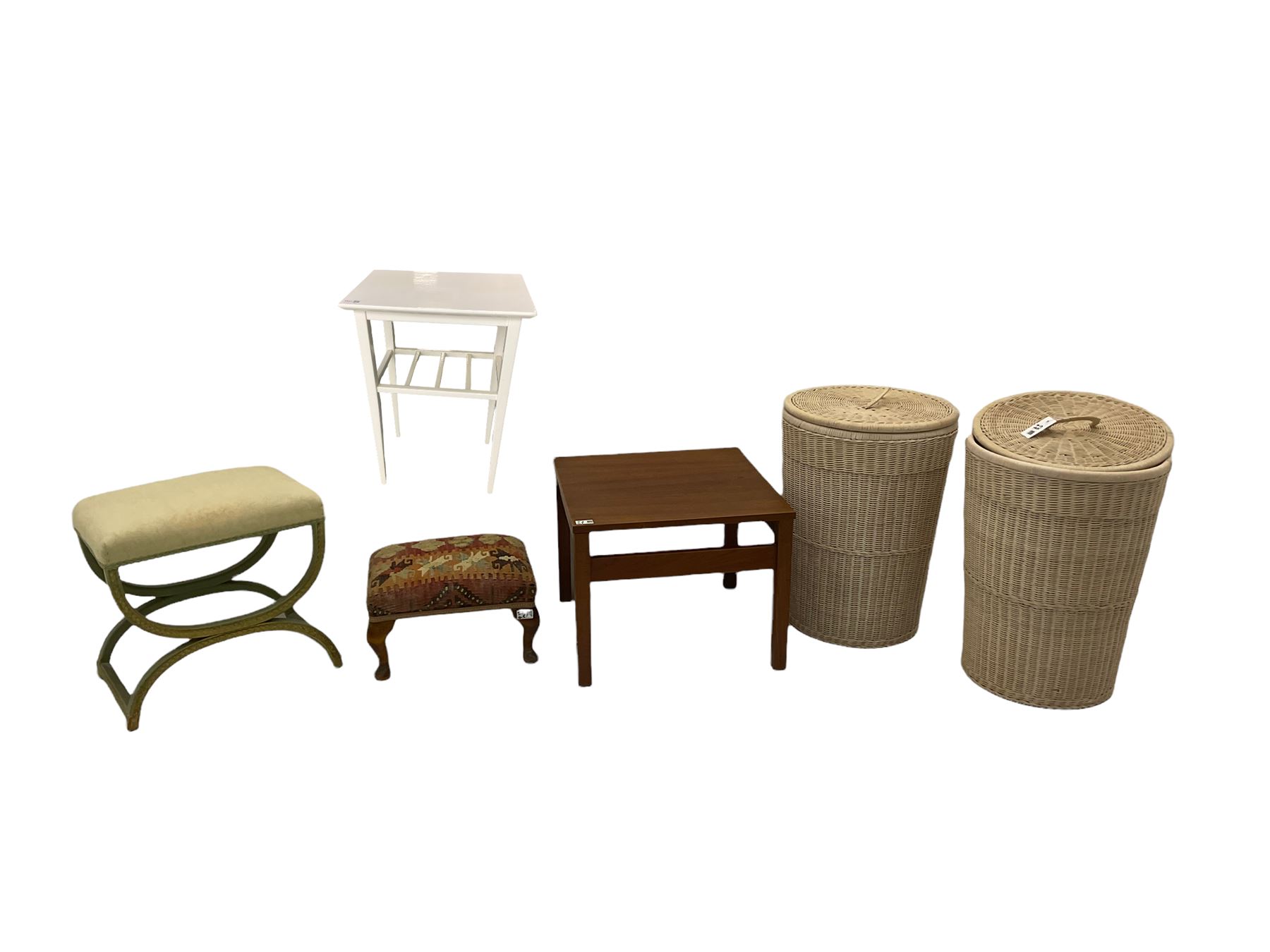 Mid to late 20th century curved x-framed stool, square teak table, pair wicker linen bins, white painted side table and a small stool with kilim cover