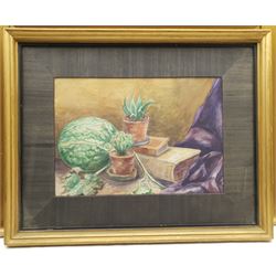 C M Williams (British 19th/20th century): Figures on the Quayside, watercolour signed 34cm x 50cm; English School (20th century): Still Life with Cacti, watercolour unsigned 25cm x 36cm (2)