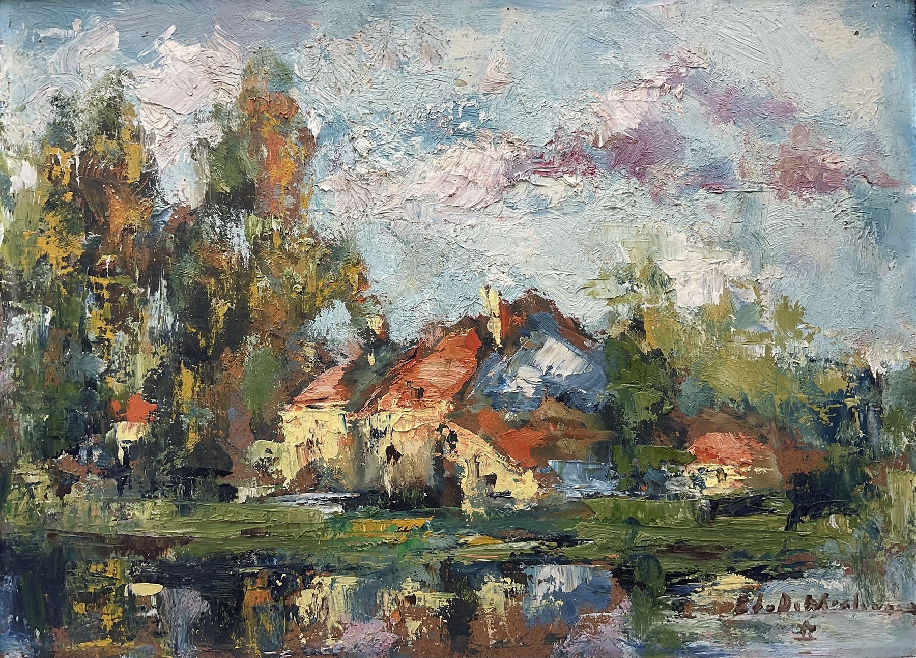 Edmond de Meulenaere (Belgian 1884-1963): House on a Lakeside, oil on board signed 27cm x 38cm 