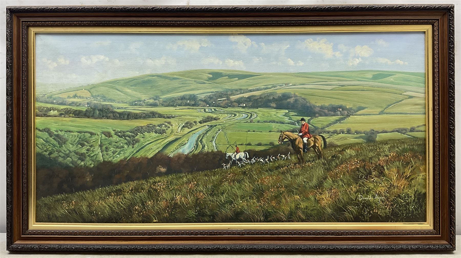 Donald Ayres (British 1936-): Huntsman and Hounds at 'Cuckmere River - Sussex', oil on canvas signed, titled verso 49cm x 99cm
Provenance: private collection, purchased Dee, Atkinson & Harrison 8th July 2005