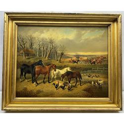 WITHDRAWN at the request of the vendor's family - 
Attrib. John Frederick Herring Jnr. (British 1815-1907): Farmyard with Horses Pigs and Poultry in the foreground and the Hunt gathered in the distance, oil on mahogany panel signed 'J F Herrring Sen.' 47cm x 60cm
