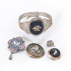 Micro mosaic Doves of Pliny bracelet, within a silver filigree band, together with a micro...