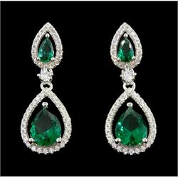 Pair of silver green stone and cubic zirconia pendant stud earrings, stamped 925
