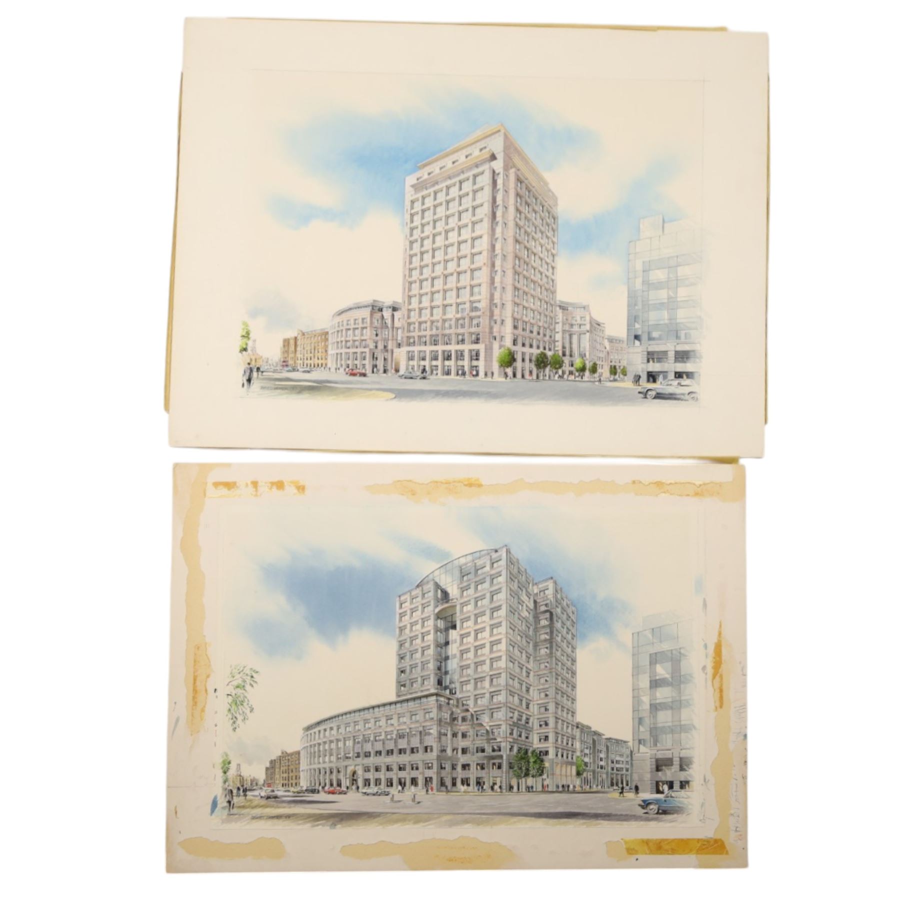 David Hoare (British 20th Century): Two architectural perspectives of Wapping - London, pair of watercolours heightened with white laid on to cardboard signed and dated '88 max 38cm x 54cm (2) (unframed)
Notes: These perspectives depict two different buildings proposed for the exact same location.