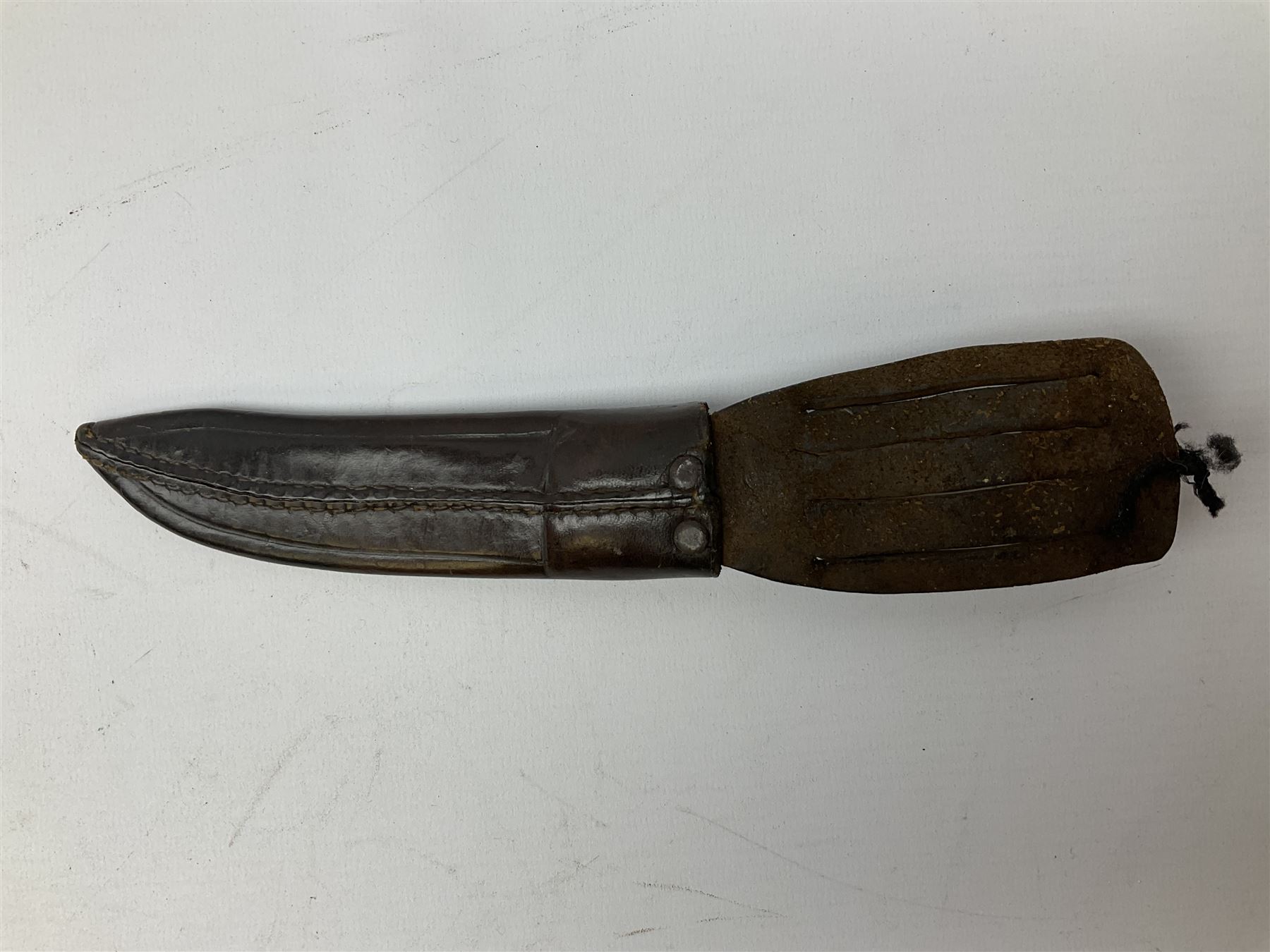 Three hunting knives, each blade marked A. Wright & Sons Sheffield, one with leather handle, one with horn handle and one with antler handle; each with leather sheath (3)