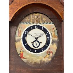 John Stonehouse of Leeds - mahogany 8-day longcase clock with a painted oval dial c1830, hood with a swans necked pediment and profuse contrasting inlay to both the hood and case, oval hood door with flanking pilasters and Corinthian capitals, conforming case with canted corners and short triple spire door, broad plinth with matching inlay and canted corners on shallow base, dial depicting masonic regalia, symbols, and pictorial depictions of the humanities, faith, hope, charity and righteousness, black chapter with white roman Arabic’s, date recorder and matching “crown” hands, dial pinned to a rack striking movement with a recoil anchor escapement, striking the hours on a coiled underslung gong. With weights and gridiron pendulum. 
This clock case is of large, impressive dimensions and was almost certainly commissioned for a large masonic lodge in Leeds, a rare and unique example.