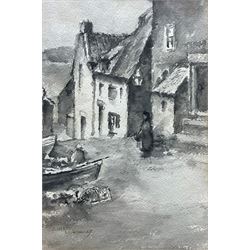 James Ulric Walmsley (British 1860-1954): 'South View Robin Hood's Bay', probably King Street, watercolour en grisailles signed, titled on original label verso with artist's address 'The Studio, Robin Hood's Bay' 26cm x 17.5cm