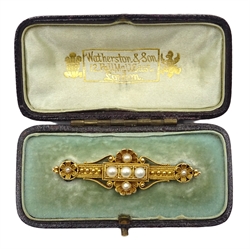  Victorian gold memorial brooch set with split pearls, inscribed verso 'In Memory of Arthur Ellis Durham from his Farther and Mother, 6 Aug 1893, cased  