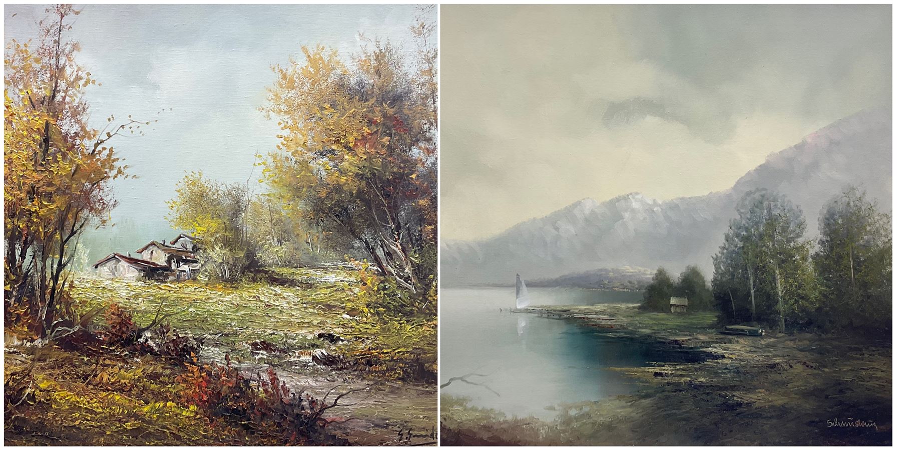 Karl Schmidbauer (Austrian 1921-1998): Lake Landscape, oil on canvas signed 50cm x 60cm; Continental School (20th century): Rural Landscape with Cottage, oil on canvas indistinctly signed 49cm x 60cm (2)