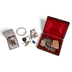 Four pairs of 9ct gold stud earrings, silver bangle and charm bracelet and a collection of...