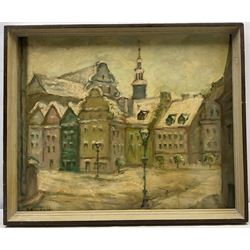 Barbara Houwalt (Polish 1911-2005): Cityscape 'Poznan', oil on canvas signed, inscribed verso 43cm x 53cm