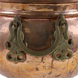 Twin handled copper jardiniere, together with brass tray with pierced boarder, jardiniere H29cm