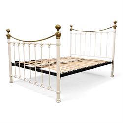 And So To Bed - Victorian design 'Juniper' brass and white painted double bed, the head and foot-boards with brass finials and curved cresting rails
